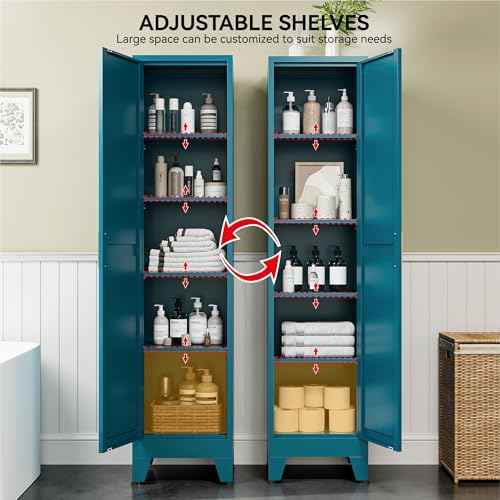 Image of COFaR 67 inch Metal Narrow Storage Cabinet, Peacock Blue Slim Storage Cabinet with Magnetic Door & 4 Adjustable Shelves, Slim Freestanding Cupboard for Bathroom, Kitchen