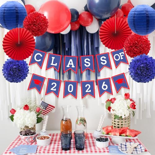 Image of Blue Red Graduation Party Decoration Class Banner Hanging Pom Poms Flowers High School College Grad Supplies