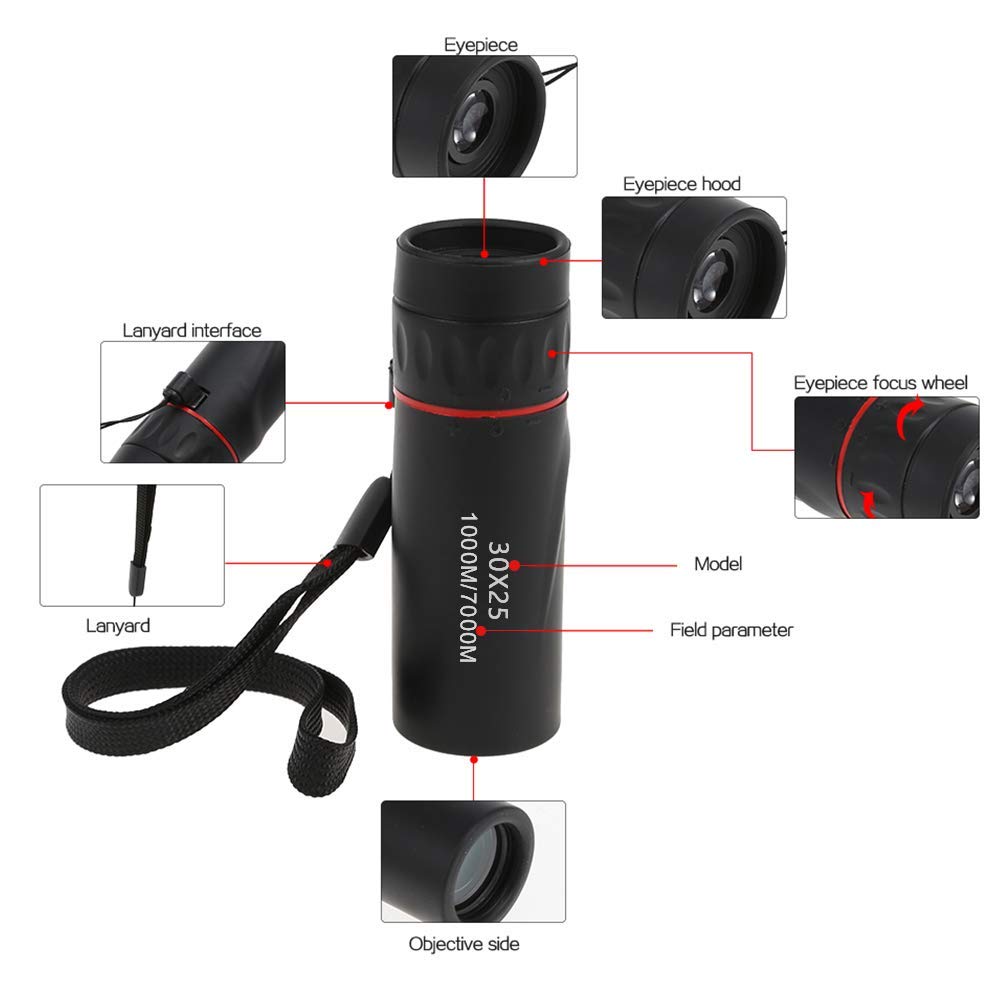Telescopio monoculare 30x25, Pratico monoculare Ultra HD per Birdwatching Sport Viaggi Campeggio Escursionismo Caccia e attività all'aperto (Nero)