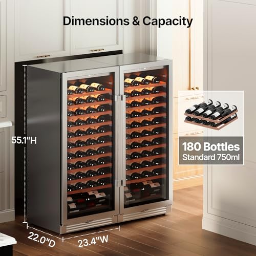 Image of Ca'Lefort 24 Inch Wine Fridge Set, 180 Bottle Capacity Wine Cooler Refrigerator, Built-in Glass Door Wine Fridge with Adjustable Shelves & 3 LED Lighting for Home Bar Kitchen (Two 24 inch Units)