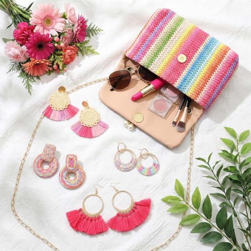 Image of Dansydaisy 5 Pack Striped Straw Clutch Purse Crossbody Vacation Handbag Woven Rattan Dangle Earrings for Women(Colorful,Cat Ear Buckle)