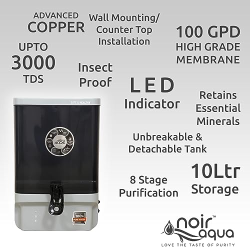 Image of Noir Aqua Jade RO Water Purifier with Active Copper Filter RO + UV + UF + TDS Control + Pre Filter + Protection Cover & Accessories, RO Filter System for home 10 Ltrs, 8 Stage (Gray Black + Copper)