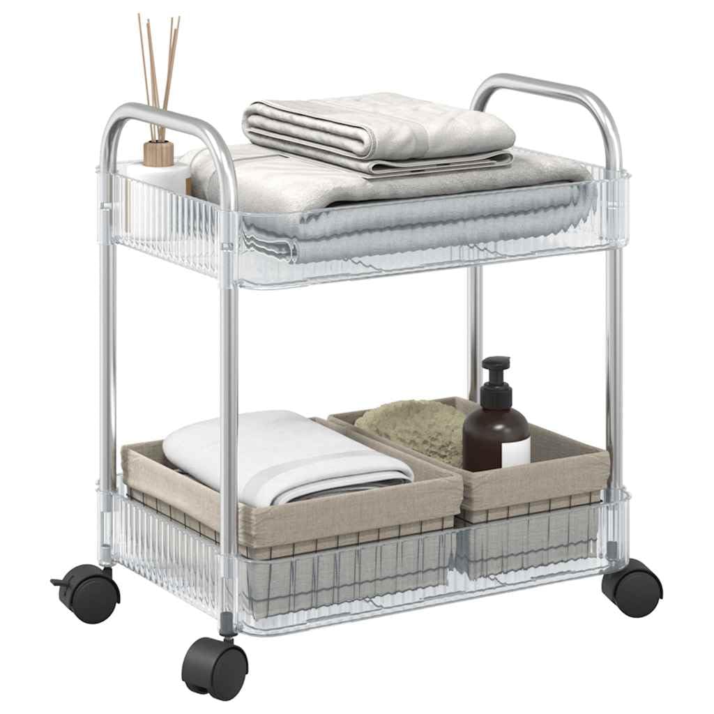 Carrello in acrilico trasparente con ruote, carrello portaoggetti a 2 ripiani con telaio in acciaio inox, 37 x 28 x 43,5 cm, include due ciotole sospese e quattro ruote con due freni, per cucina