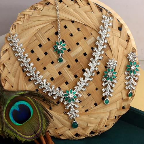Image of Atasi International Diamond Necklace Jewellery Set for Women with Earrings and Maang Tikka for Wedding, Party, Engagements & Festivals