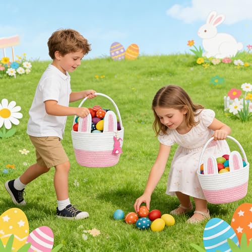 Image of Easter Basket, Bunny Easter Baskets for Kids, Pink & White Baskets with Handle for Gifts Empty, Bunny Egg Hunting, Basket Stuffers Essentials