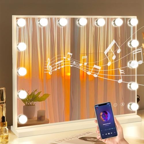 FENCHILIN Miroir Maquillage avec 15 Ampoules LED Haut-Parleur Bluetooth Miroir Hollywood Coiffeuse Lumineux avec Port USB avec 3 Modes Déclairage