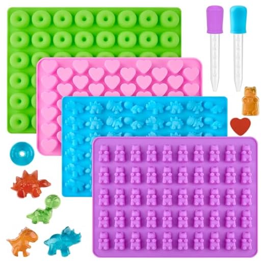 JOERSH Gummy Bear Molds, 4 Silicone Candy Molds with 4 Droppers, Non-Stick Silicone Gummy Molds Including Bear, Heart, Dinosaur and Mini Donut