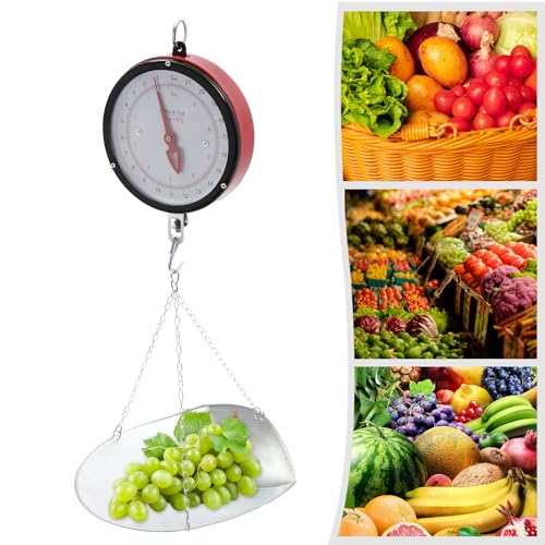 High Accuracy Double-Sided Dial Hanging Scale 22LBS, Mechanical Weight Scale with Chain and Scoop, Large Display Spring Scale for Farm, Kitchen, Food & Produce (Red)