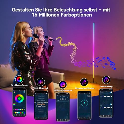 YICAIZI LED Stehlampe Wohnzimmer - 160cm RGB Ecklampe Dimmbar, Standleuchte LED mit Fernbedienung und APP, Musikmodi, DIY-Modus & Timing -Funktion für Schlafzimmer, Gaming