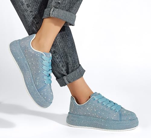Image of LUCKY STEP Rhinestone Platform Sneakers for Women | Sparkly Glitter Bling Tennis Shoes Fashion Wedding Party Walking Sneakers