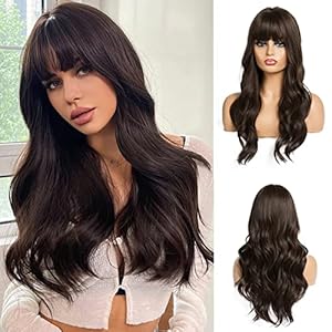 Esmee 24″ Long Brown Color Synthetic Natural Wave Wigs with Neat Bangs for White/Black Women Party Wear.