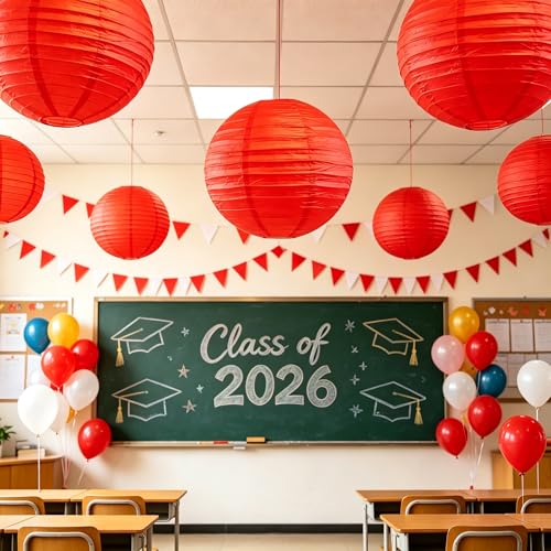 Image of 9pcs Paper Lanterns Assorted Sizes (8 inch 10 inch 12 inch) Hanging Red Chinese Lanterns Graduation Decorations Classroom Graduation Party Wedding Birthday Home Decor (Red)