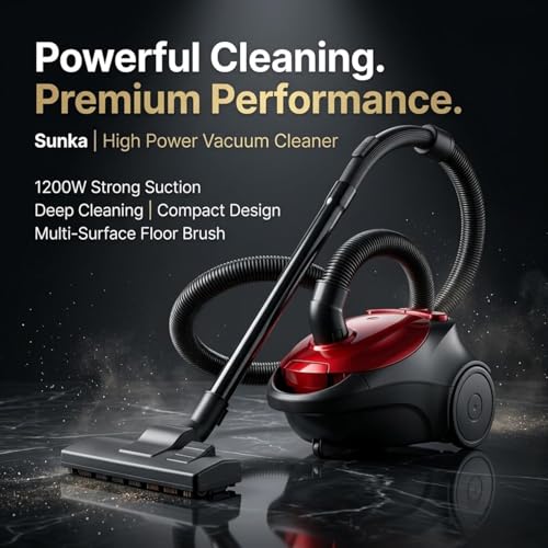 Image of Eureka Jazz High Power Vacuum Cleaner for Home /Office /Car | 1200W Strong Suction | 1.5L Dust Capacity | Automatic Cord Rewind | 360 Swivel Wheels | Compact with Flexible Hose & Floor Brush