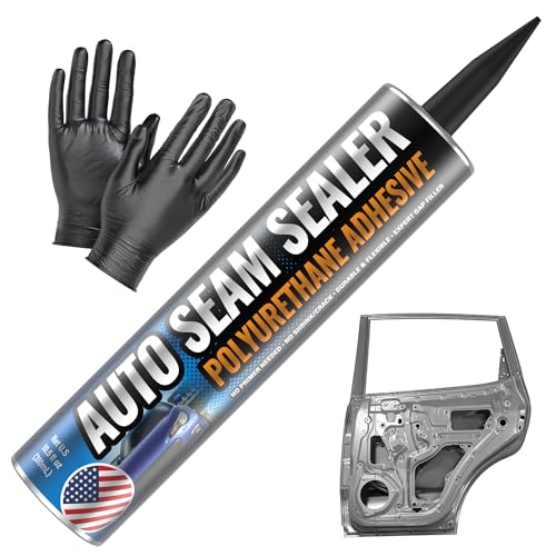 Professional Automotive Seam Sealer, Paintable Quick-Set Polyurethane Auto Body Seam Sealer for Metal Surfaces of Cars, Trucks, Etc, Includes Gloves &amp; Tip - White RV Roof Sealant