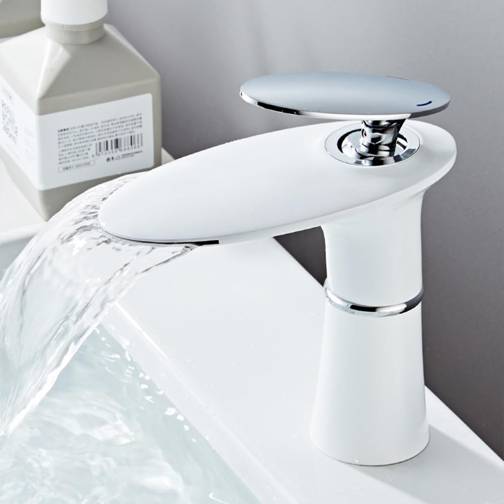 Wasserhahn Bad Wasserfall Waschtischarmatur Moderner Stil Messing Einhebel Mischbatterie Waschbecken Armatur, Badarmatur Waschtischbatterie Badezimmer, Weiß