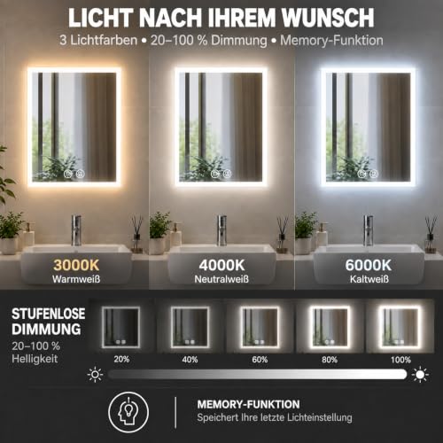 LUVODI Badspiegel mit Beleuchtung 40x50 cm, dimmbar, beschlagfrei – Ansicht 3