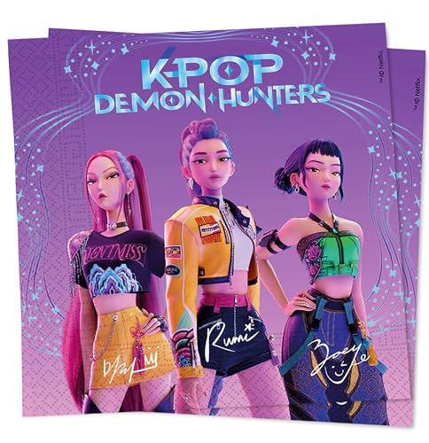 Lot de 20 serviettes K-pop Demon Hunters en papier 33 x 33 cm, décoration de fête d'anniversaire, table pour enfants