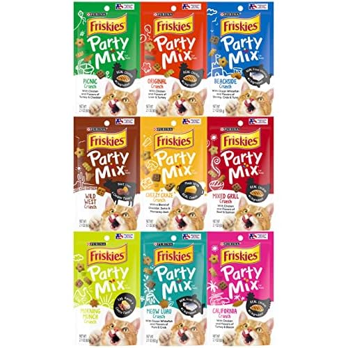 Friskies Party Mix Crunch Variety Pack (9 Flavors) – Wild West, Morning Munch, Mixed Grill, Picnic, Beachside, Cheezy Craze, Original, California Dreamin’, and Meow Luau