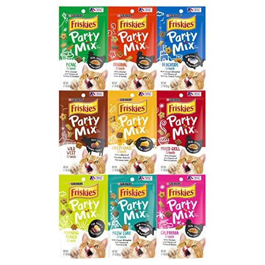 Friskies Party Mix Crunch Variety Pack (9 Flavors) - Wild West, Morning Munch, Mixed Grill, Picnic, Beachside, Cheezy Craze, Original, California Dreamin', and Meow Luau