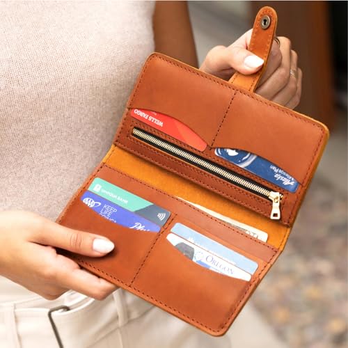 Image of Portland Leather Goods Women's Bifold Wallet - Slim Design with Secure Snap, 8 Card Slots & Interior Zipper Pocket - Honey