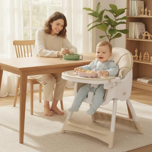Image of Mealtime Plus Baby High Chair for Feeding, Adjustable Height, Double Food Tray, Seat Cushion, Storage Bag & Lockable Wheels, Foldable Feeding Chair for Babies & Toddlers, Beige