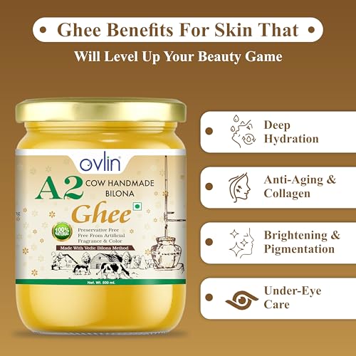 Image of Ovlin A2 Desi Cow Ghee | Handmade Bilona Method Ghee | Pure Desi Cow Milk | Traditional Vedic Bilona Process | 100% Natural, Preservative Free | Rich in Vitamins A, D, E & K | Pure A2 Bilona Cow Ghee for Cooking & Daily Nutrition 500ml