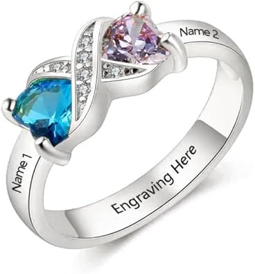 Diamond Mothers Ring with 2 Birthstones Personalized Two Names Ring 925 Sterling Silver Custom Couple Name Rings for Women Friend Mom Grandmother Wife Mothers Day Christmas Birthday Gifts
