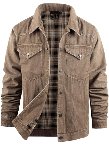 Mr.Stream Chaqueta vaquera de mezclilla estilo camionero para hombre, chaqueta vaquera occidental con forro de franela a cuadros, lavada con broches, estilo vintage, marrón, L