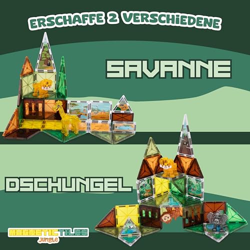 BONNYCO Magnetische Bausteine Kinder mit Tierfiguren 50 STK. Magnet Bausteine mit Illustrationen, Pädagogische Magnetic Tiles. Geschenke für Kinder, Magneten Spielzeug Jungen Mädchen, Weihnachten