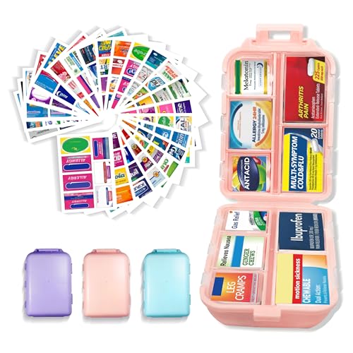 Image of Large Pill Organizer 3 Pack with 146x3 Labels, Pink Blue Purple | Set of 3 large 10-compartment pill cases with 146x3 labels for vitamins, supplements, daily routines, work, and travel