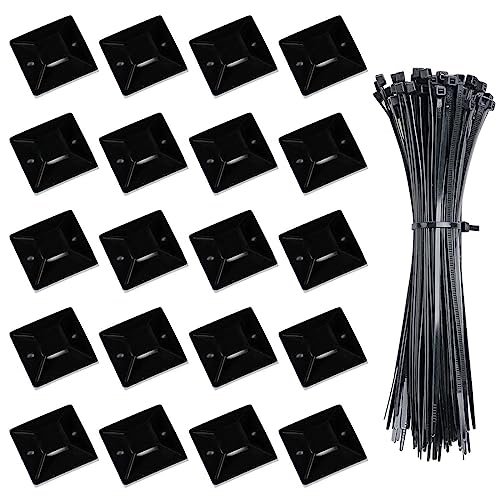 REQAG 50 Pièces Collier de Serrage Nylon 20mmx20mm Auto-Adhésifs Supports de Base de Serre-Câbles avec 50 Pièces 100mmx3mm Attaches de Câble Plastique pour Fixation...