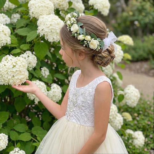 2Bunnies Girl Beaded Peony Lace Back A-Line Tiered Tutu Tulle Flower Girl Dress (Ivory Short Sleeveless, 6M) - Thumbnail 4
