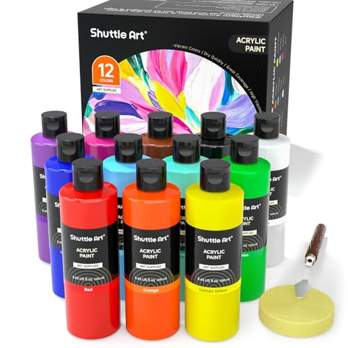Shuttle Art 12 Colors Acrylic Paint 250ml/8.45oz Bottles Acrylic Paint Set Rich Pigments Bulk Painting Supplies for Artists Beginners and Kids Painting on Rocks Crafts Canvas Wood
