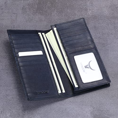Image of HISCOW Full Grain Leather Men's Long Wallet, 15 Card Slots, Aniline Blue | Gusseted bill compartment, tall bifold design, clear ID window, ideal for coat pockets or briefcases, turned-edge, gift box