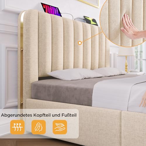 Polsterbett Einzelbett 90x200, Stauraumbett Jugendbett mit 4 Schubladen&USB Typ-C Ladefunktion, Bett Funktionsbett Bettgestell mit Holz Lattenrost&goldenen Zierstreifen Kopfteil, Leinen, Ohne Matratze – Bild 6