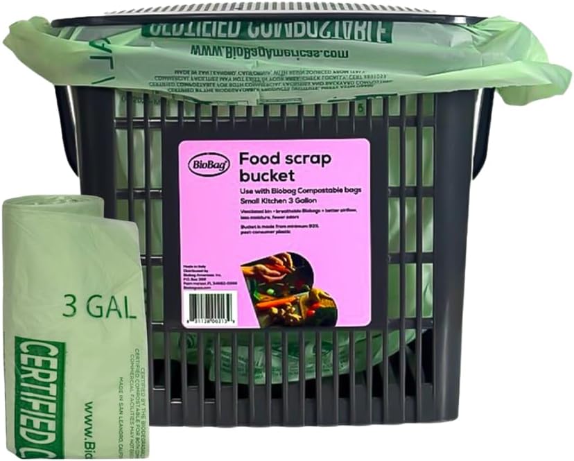 BioBag Countertop Kitchen Compost Bin & 25 Count 3-Gallon Certified Compostable Bags – BPI & ASTM D6400 Approved – Ventilated, Dishwasher-Safe Counter Scrap Bin