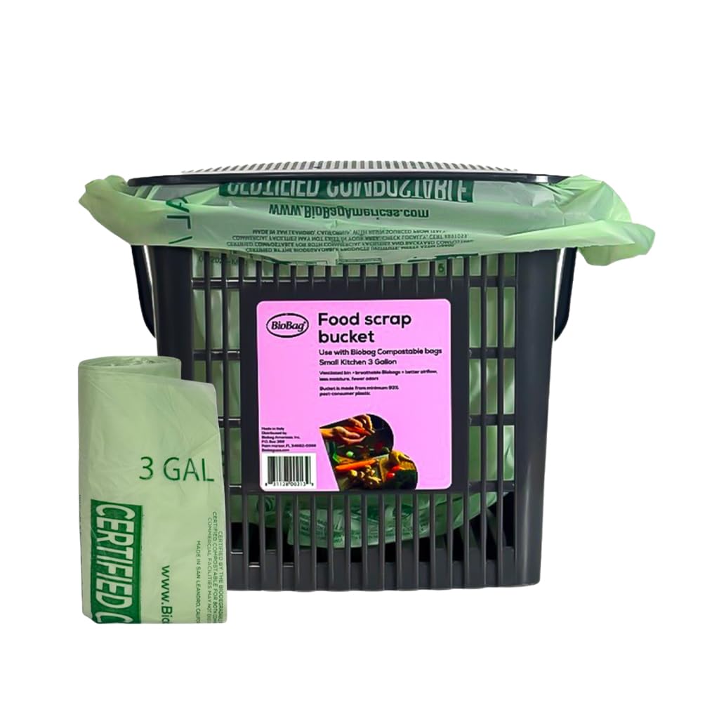 BioBag Countertop Kitchen Compost Bin &amp; 25 Count 3-Gallon Certified Compostable Bags – BPI &amp; ASTM D6400 Approved – Ventilated, Dishwasher-Safe Counter Scrap Bin