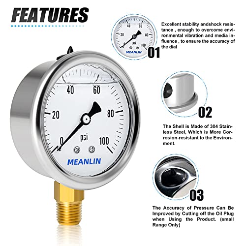 Meanlin Measure 0~100Psi Stainless Steel 1/4" Npt 2.5" Single Scale Face Dial,Glycerin Filled Fuel Pressure Gauge, Wog Water Oil Gas Lower Mount, With 1/4" X 1/2" Npt And 1/4" X 3/8" Npt Hex Bushing #TOP2