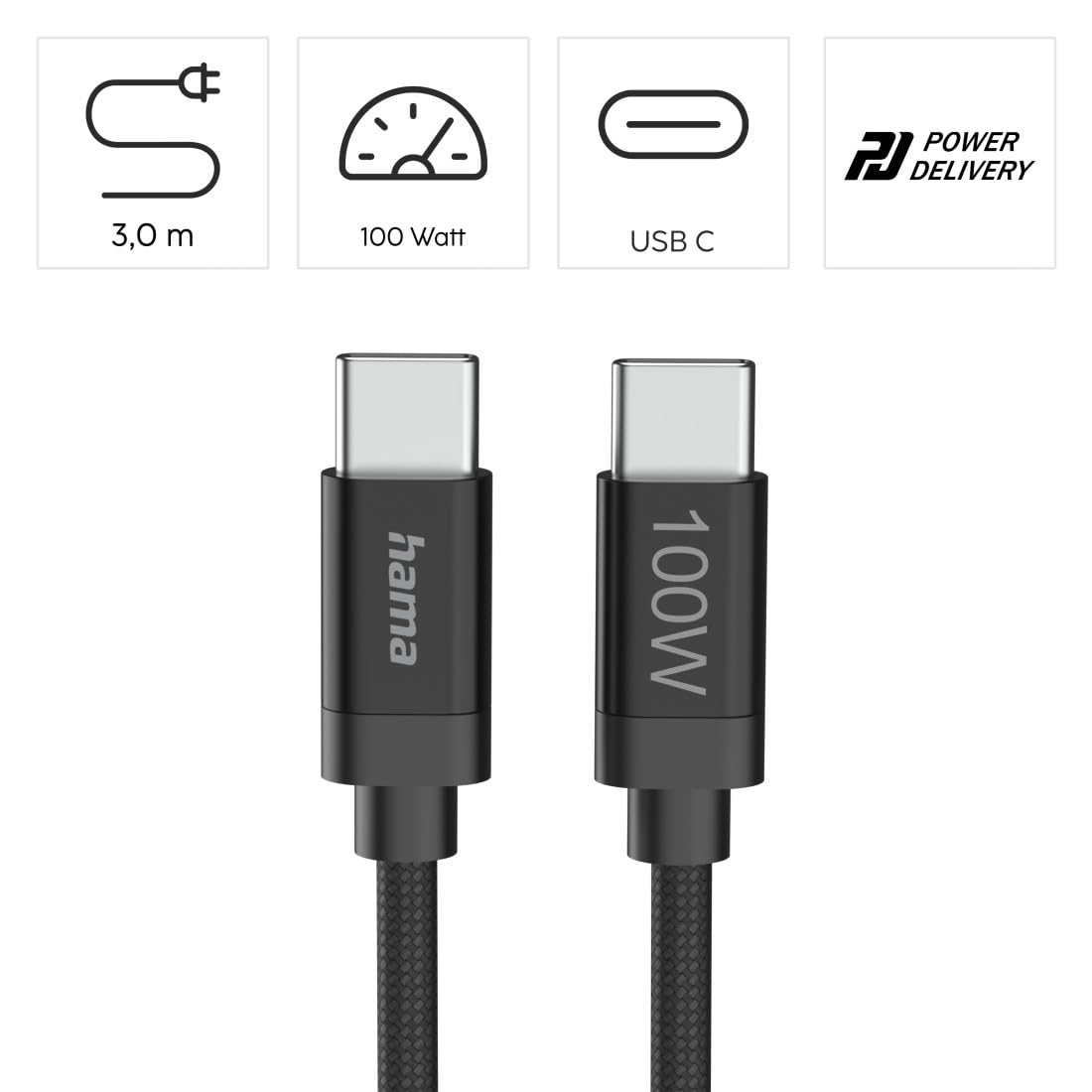 Hama Ladekabel Fabric, USB-C - USB-C, 100W, 3 m, Nylon, Schwarz