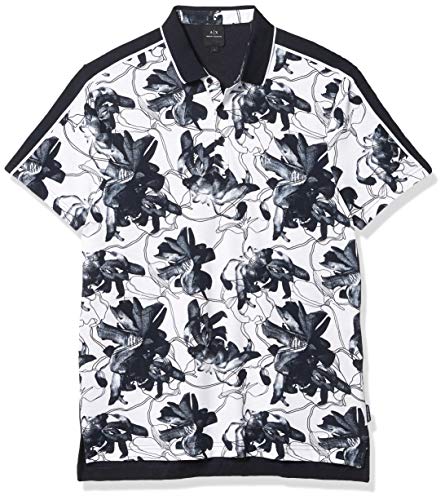 A|X Armani Exchange Men's Regular Fit Bold Print Short Sleeve Pique Polo Shirt, White/Navy Flower, M