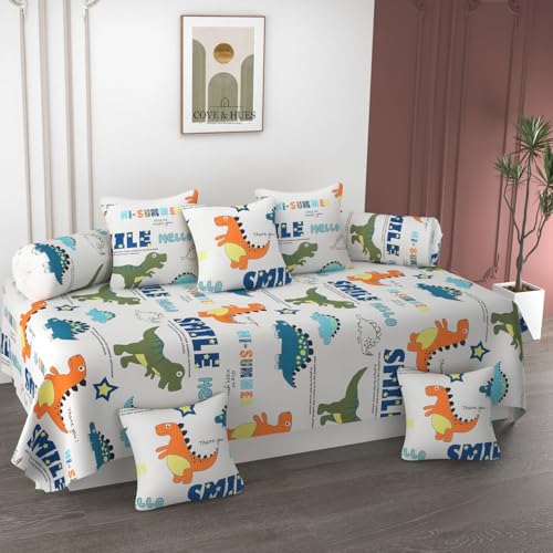 Image of COVE & HUES Cotton Diwan Set Covers |8 Pieces Diwan Cover Set|300 TC Fabric| Pure Cotton Printed Deewan Set (1 Single Bedsheet, 2 Bolster Covers, 5 Cushion Covers)|Dinasaur Toons|KC 25