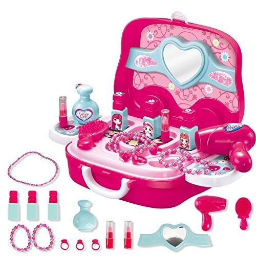 ﻿HOUSEHOLD CULTURE Prentend Playset- Easy Use Smile Beauty Makeup Pretend Playset- Easy Use Toy Set for Girls – Cosmetic Kit with Makeup Accessories and Carrying Suitcase | Combo with Kids Doctor Kit