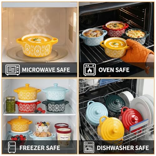 Image of Goaste 4 Pack Porcelain Ramekins with Lids, 7 OZ Mini Casserole Dish with Handles, Round Ceramic Cocotte Bowl Set, Individual Small Baking Dish for Souffle, Creme Brulee, Lava Cake, Soup (4 Colors)
