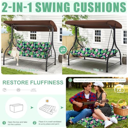 Image of Porch Swing Cushions Outdoor 70 inch x 40 Waterproof Swing Cushions 3 Seater Replacement with Backrest & 8 Ties 5 inch Thick Bench Swing Cushions for Outdoor Furniture Patio(Green Leaves)