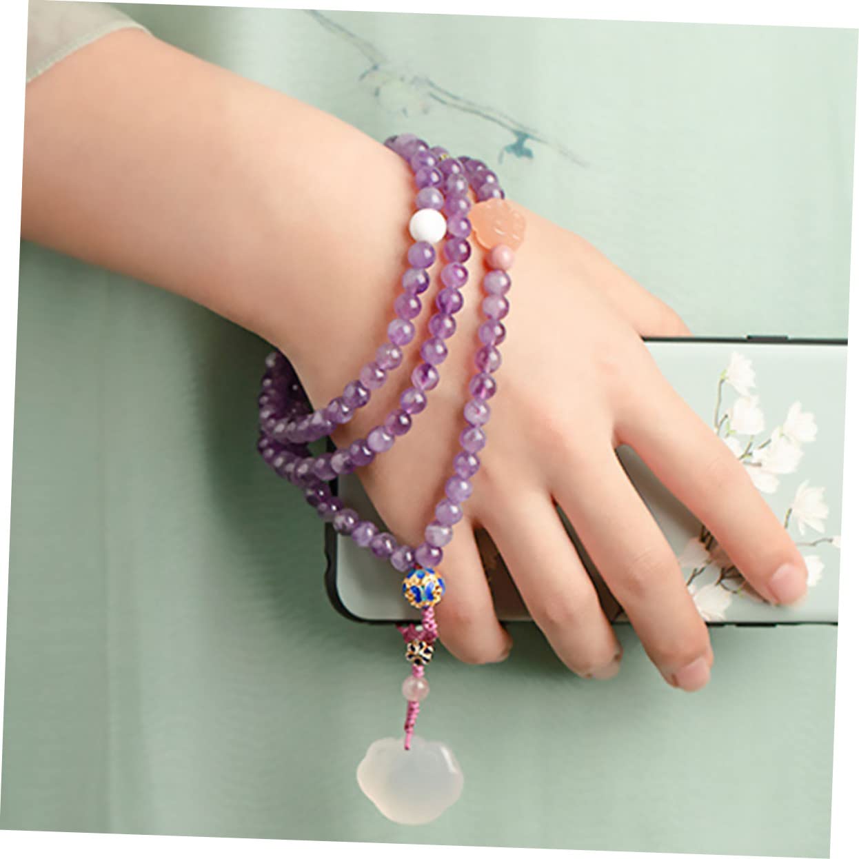 jojofuny Cordino Resistente per Cellulare in Ametista Naturale Funzione Decorativa e Aggancio Lanyard e Elegante per Custodia per Uso Quotidiano