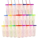 Alohastarttg Color Changing Cups, 24 Pack 24oz Plastic Tumblers, Reusable Iced Coffee & Smoothie Cups with Lids and Straws for Parties and Travel(24, Rainbow)