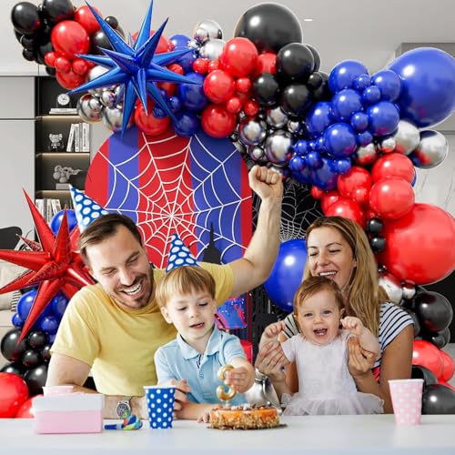 Image of Spider Theme Balloon Arch Kit with Black Red and Blue Balloons