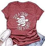Women Turtle T Shirt Short Sleeve Funny Letter Ocean Environmental Awareness Lovers Graphic Print Tees Strawberry Pink