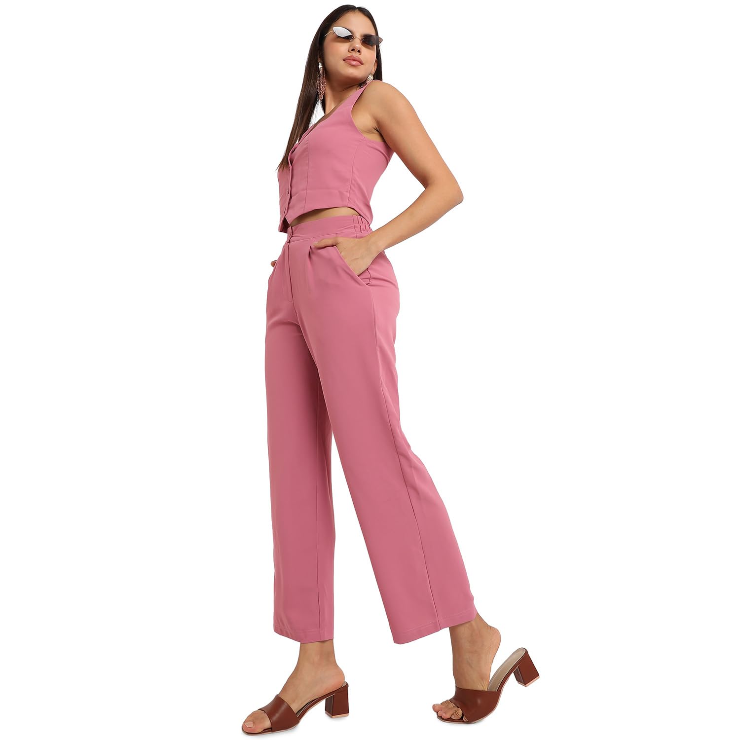 Campus Sutra Women's Salmon Pink Chic Vest Co-Ord Set for Casual Wear | Sleeveless | Polyester Fabric | V Neck Clothing Set Crafted with Comfort Fit for Everyday Wear (Size:XL) 3