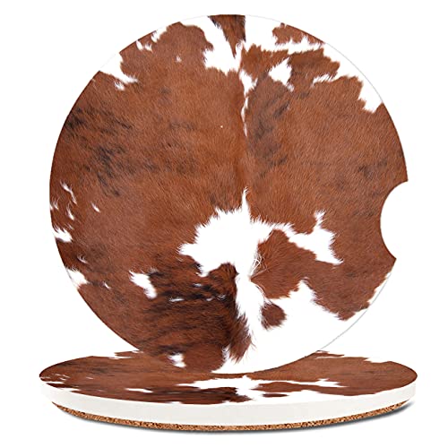 Fashion Ceramic Cup Holders Car Coasters for Women Men,Brown Cow Absorbent Drink Cup Car Holder Coasters with A Finger Notch 2.56  Pack of 2,Cowhide Farm Animal Skin